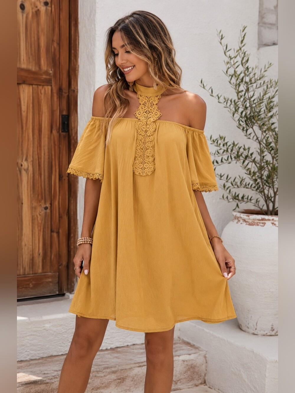 Hayden Los Angeles Mustard Off Shoulder Boho Sundress | Lace Halter Neck | Small